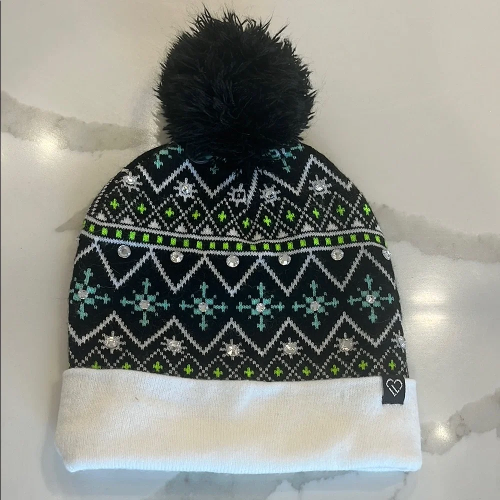 Justice Live Love Dream Rhinestone Knit Pom Pom Beanie Hat Gray‎ Teen Adult